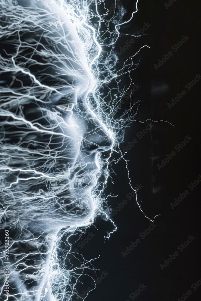 Poster close up of a person's face with lightning. perfect for dramatic and intense concepts