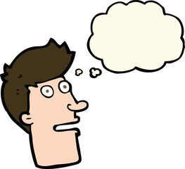 cartoon shocked male face with thought bubble