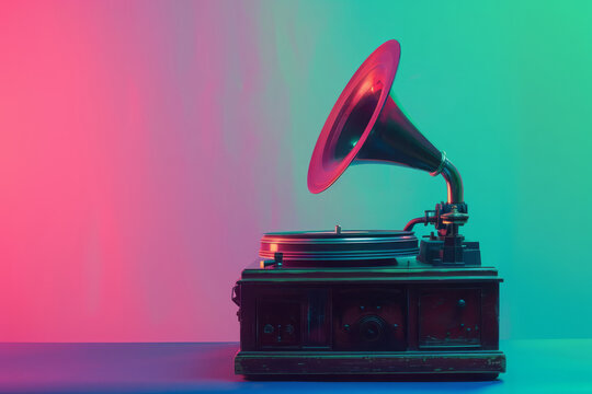 Vintage aged gramophone phonograph turntable on pastel green pink neon lighted background