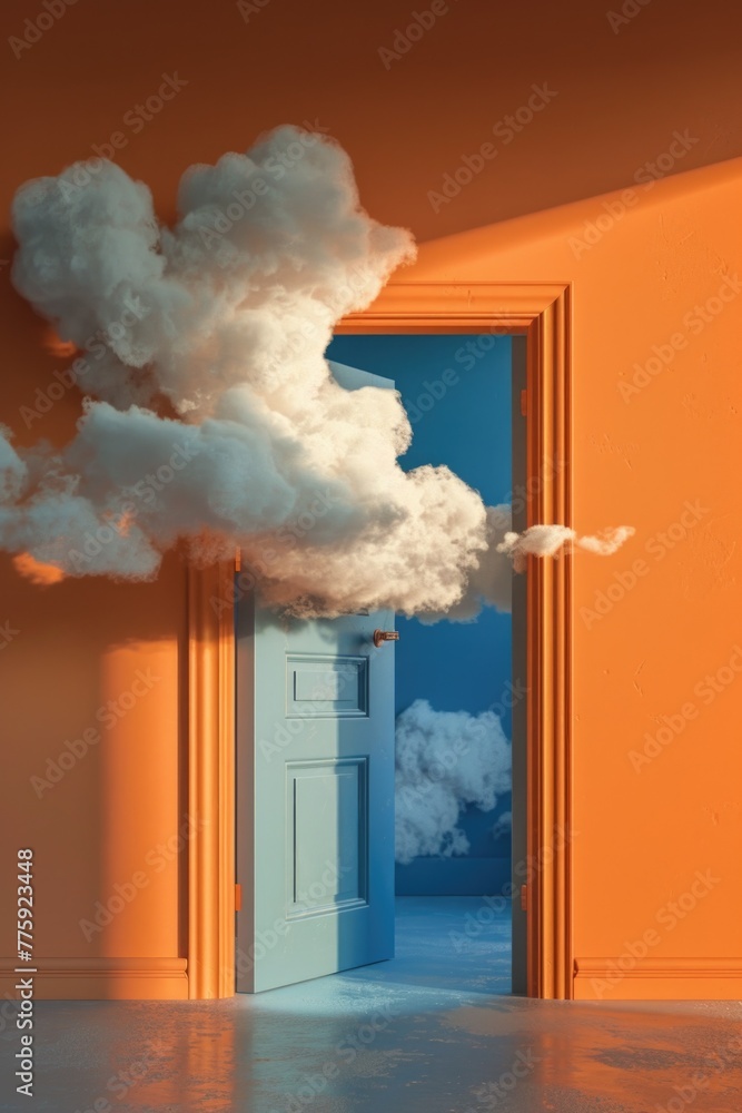 Poster A mysterious cloud floating out of an open door. Suitable for various concepts and designs