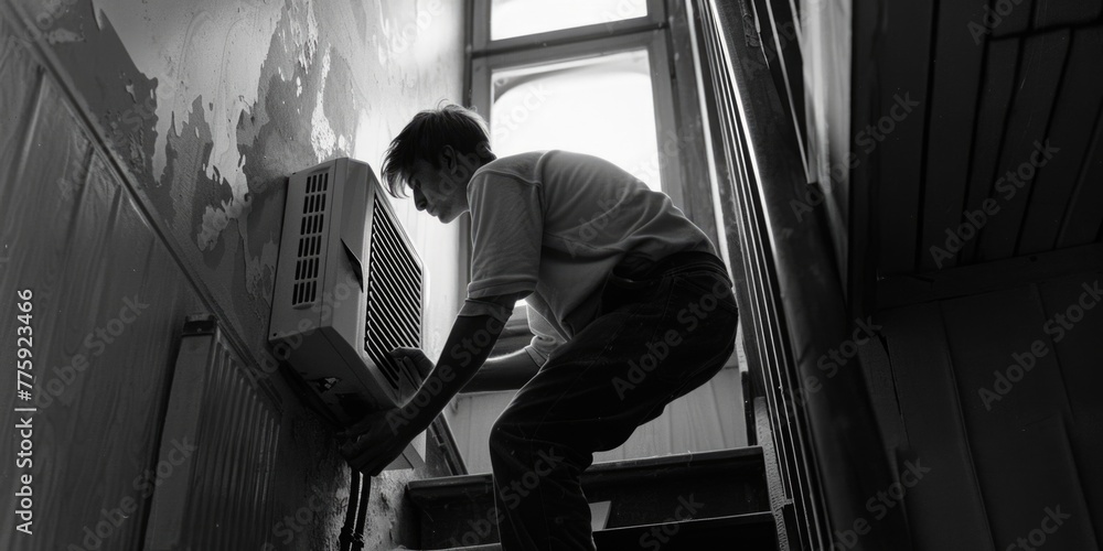 Poster A man climbing up a set of stairs, ideal for concepts of progress and success