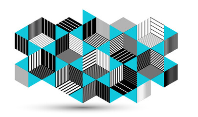 Blue vector abstract geometric background with cubes and different rhythmic shapes, isometric 3D abstraction art displaying city buildings forms look like, op art. - 775923461