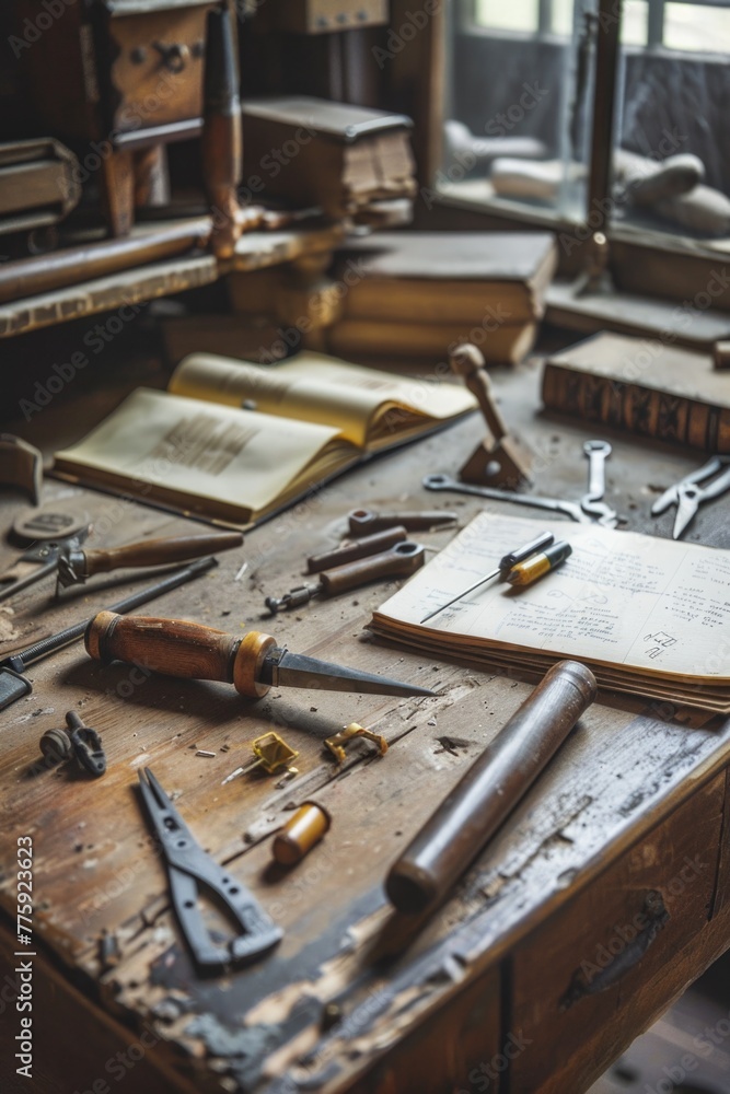 Poster a collection of various tools on a wooden table. suitable for diy projects