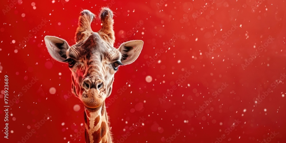 Poster a giraffe standing in front of a red background. suitable for animal lovers and wildlife enthusiasts