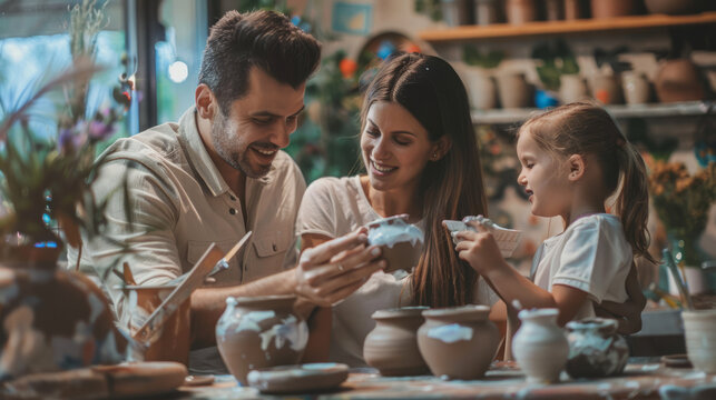 Family of three shaping clay and smiling during a pottery class workshop - Powered by Adobe