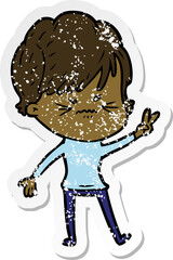distressed sticker of a cartoon frustrated woman