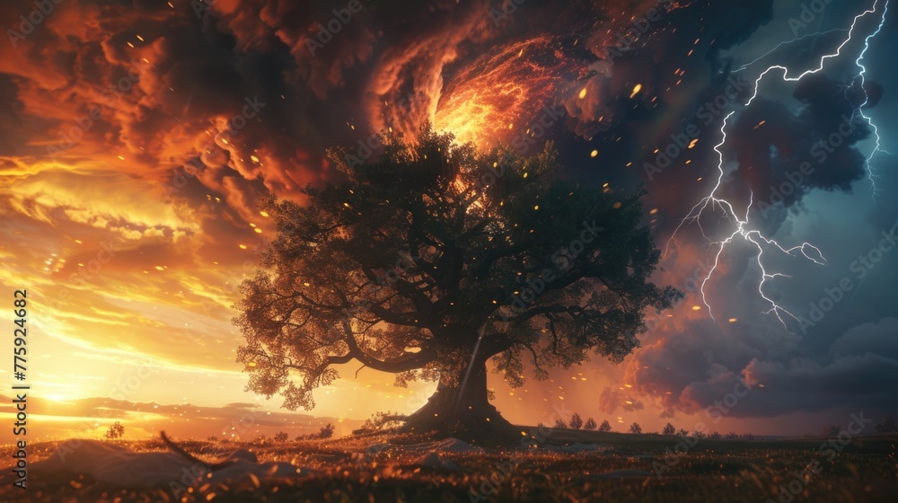 Poster A dramatic image of lightning striking a tree in a field. Suitable for weather or nature themes