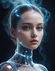 A hyper-realistic portrait of a cybernetic woman with digital enhancements and blue circuit patterns, epitomizing a blend of human and artificial intelligence.