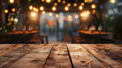 Warm Wooden Tabletop in Outdoor Restaurant with Glowing Lights