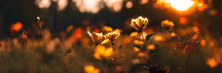 Field of yellow flowers with sun background, golden hour. - Powered by Adobe