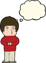 cartoon shy boy with thought bubble