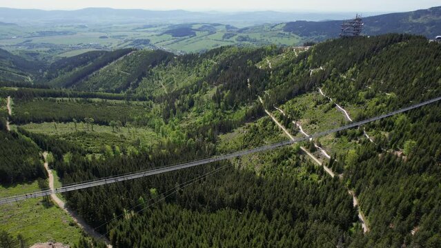 A drone reveals tourists traversing the grand suspension bridge at Dolni Morava, a group excursions in the Czech mountains. 