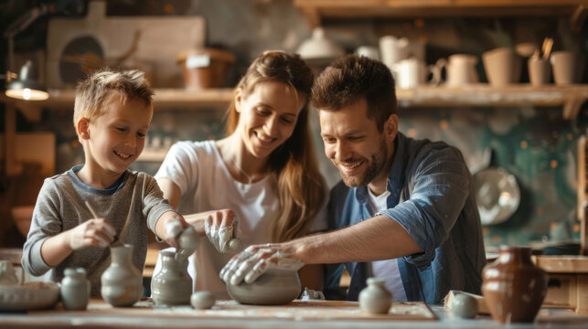 A joyful family moment as they engage in the craft of pottery, with a child assisting in shaping the clay