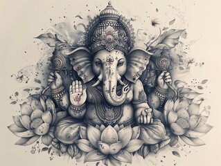 Fototapeta premium Golden Ganesha with lotus flower below, digital painting