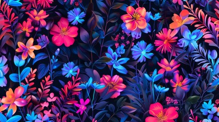 Fototapeta na wymiar Neon Wildflowers seamless pattern