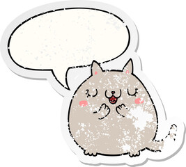 cartoon cute cat with speech bubble distressed distressed old sticker