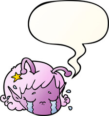 cartoon alien space girl face crying with speech bubble in smooth gradient style