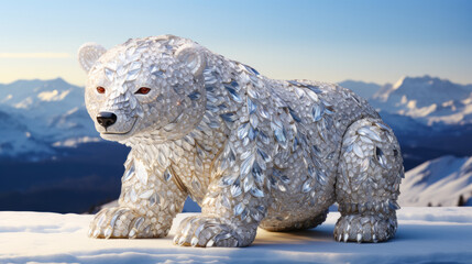 sleek polar bear in a tailored fur coat, adorned with silver snowflake brooches and a crystal pendant. Against a backdrop of icy landscapes, it exudes Arctic glamour and poise. The atmosphere: frosty  - obrazy, fototapety, plakaty