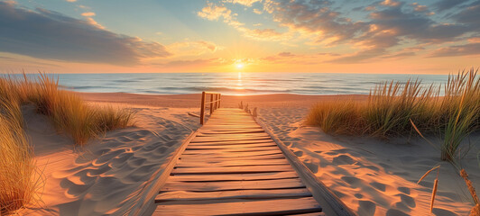 wooden way to the romantic beach at the sea with dunes and waves - Powered by Adobe