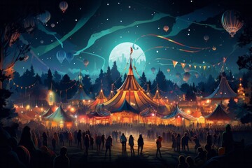 A village fair with games, jugglers, and colorful tents - obrazy, fototapety, plakaty