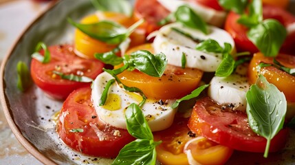 Delicious Caprese Salad with Mozzarella, Tomatoes, and Basil on a Rustic Plate