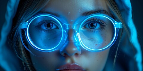 Close up view of blue eye in glasses with futuristic holographic interface to display data. Portrait of beautiful young woman, half of face. Augmented reality, future technology, internet concept.