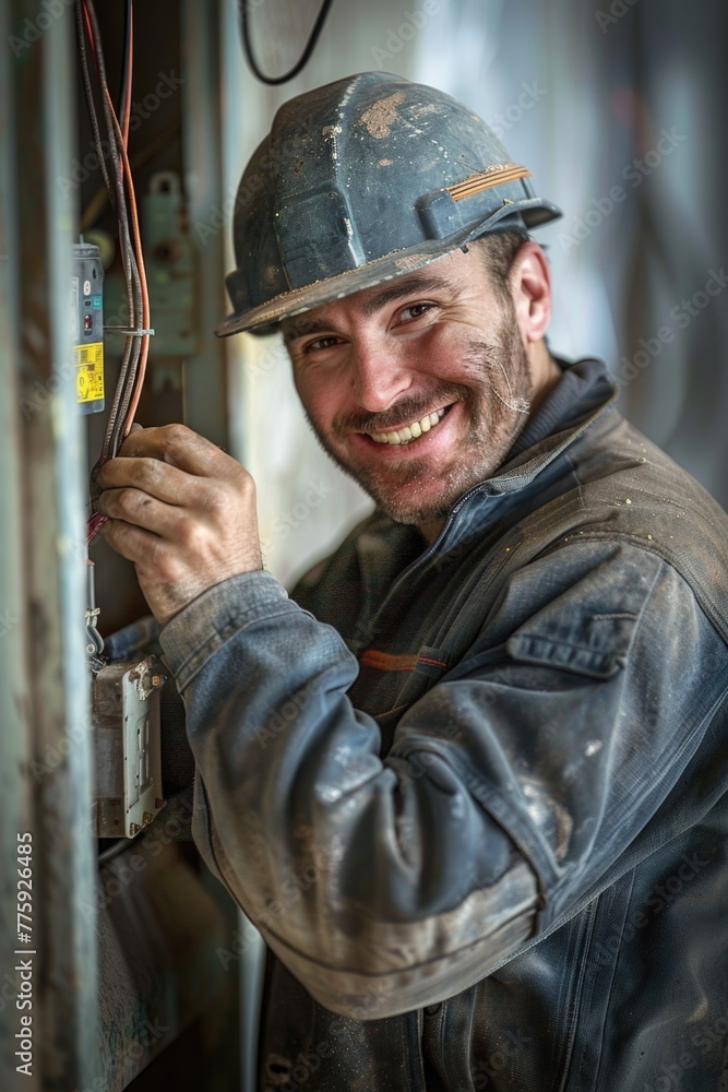 Sticker man in hard hat working on machine, suitable for industrial concepts