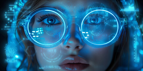 Close up view of blue eye in glasses with futuristic holographic interface to display data. Portrait of beautiful young woman, half of face. Augmented reality, future technology, internet concept.