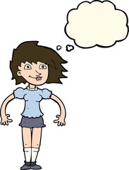 cartoon happy woman with thought bubble