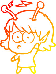 warm gradient line drawing of a cartoon alien girl