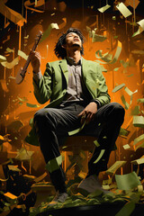 A musician playing a green instrument, surrounded by musical notes in the air against a solid...