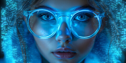 Close up view of blue eye in glasses with futuristic holographic interface to display data. Portrait of beautiful young woman, half of face. Augmented reality, future technology, internet concept.