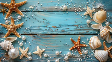 pearl, sea shells, and starfish on a blue wooden background with space for text. Summer beach concept.