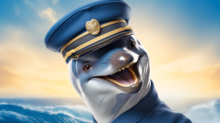 VImagine a debonair dolphin in a tailored sailor's uniform, accessorized with a navy blue beret and a gold anchor pendant. Amidst a backdrop of ocean waves, it exudes nautical charm and seafaring eleg - obrazy, fototapety, plakaty