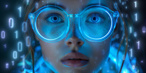 Close up view of blue eye in glasses with futuristic holographic interface to display data. Portrait of beautiful young woman, half of face. Augmented reality, future technology, internet concept.