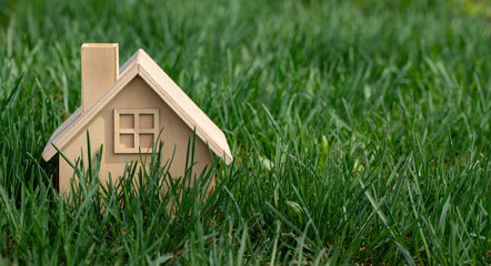 Symbolic wooden house among green grass