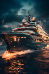 Cruise ship on the water at night. 3d rendering.