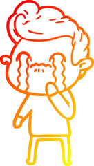 warm gradient line drawing of a cartoon man crying