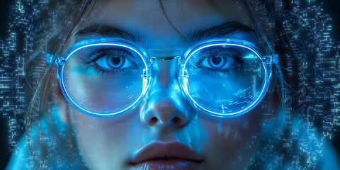 Close up view of blue eye in glasses with futuristic holographic interface to display data. Portrait of beautiful young woman, half of face. Augmented reality, future technology, internet concept.