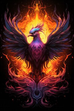 A painting depicting a wise phoenix, symbolizing rebirth, surrounded by vibrant flames in the background. The neon style adds a modern touch to this mythical scene