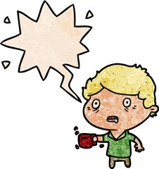 cartoon man jittery from drinking too much coffee with speech bubble in retro texture style