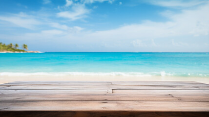 Fototapeta premium Wood table top on blur beach background used for display or montage your products, travel and relax activity concept