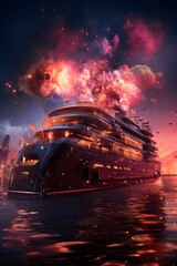 Cruise ship with fire and smoke at night. 3d illustration