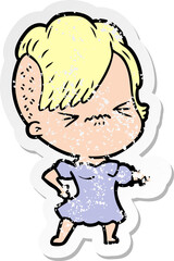 distressed sticker of a cartoon annoyed hipster girl
