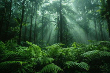 Misty rainforest with sunrays piercing through, highlighting the lush ferns and verdant trees.