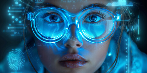 Close up view of blue eye in glasses with futuristic holographic interface to display data. Portrait of beautiful young woman, half of face. Augmented reality, future technology, internet concept.