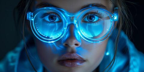 Close up view of blue eye in glasses with futuristic holographic interface to display data. Portrait of beautiful young woman, half of face. Augmented reality, future technology, internet concept.