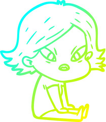 cold gradient line drawing of a cartoon stressed woman