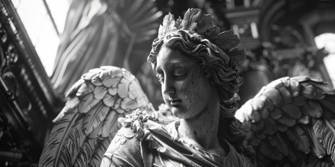 Detailed close up of an angel statue, suitable for religious or memorial themes