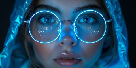 Close up view of blue eye in glasses with futuristic holographic interface to display data. Portrait of beautiful young woman, half of face. Augmented reality, future technology, internet concept.